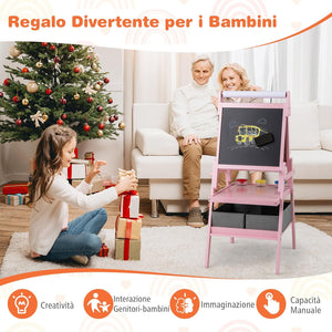3 in 1 Cavalletto per Bambini, Cavalletto con Doppia Faccia Magnetica e Lavagna Bianca, Rotolo di Carta, 3 Bicchieri per Vernice e 2 Ceste in Tessuto, per Bambini 3-6 Anni (Rosa)