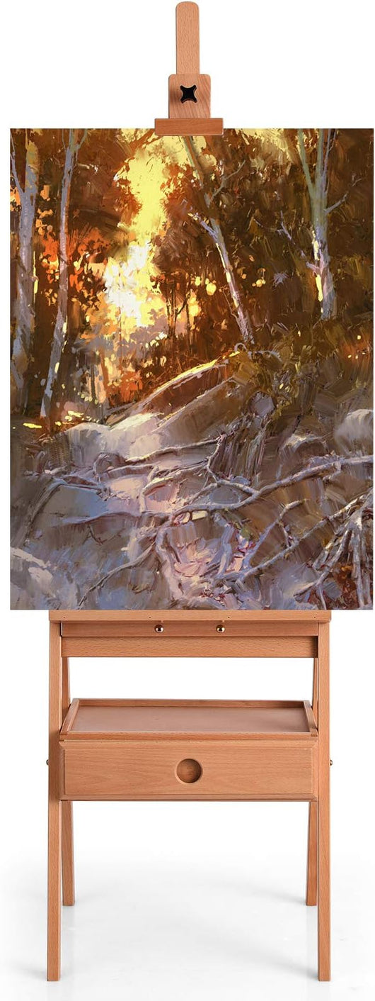 Cavalletto Pittura Legno con Cassetto e Vassoio, Cavalletto Disegno per Dipingere, Pittore Altezza Regolabile, 44x44x(149,5-193,5) cm
