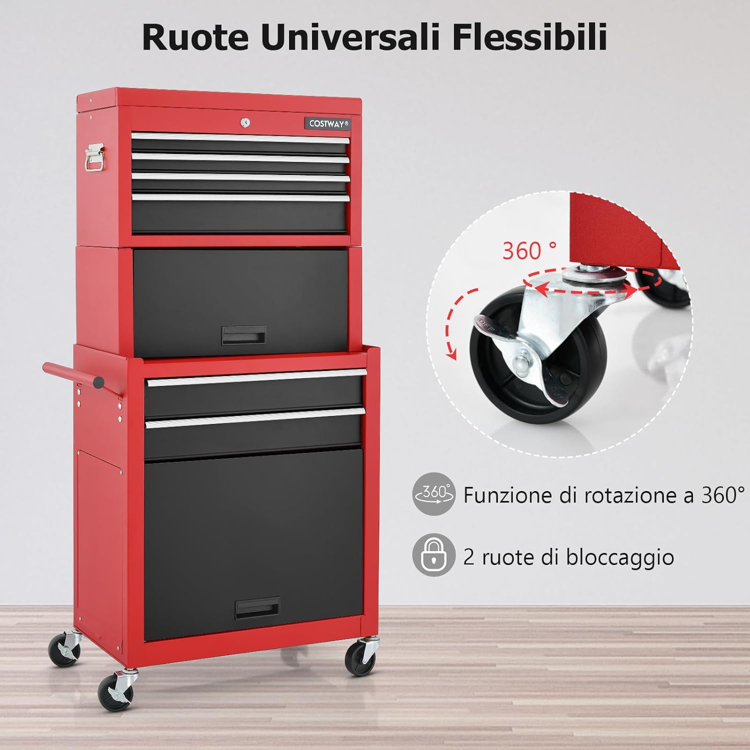 Cassettiera Portautensili a 6 Cassetti, Carrello per Attrezzi con Ruote Bloccabili, con Ripiano rimovibile e Serratura, 61,5 x 33 x 132 cm (Nero+Rosso)