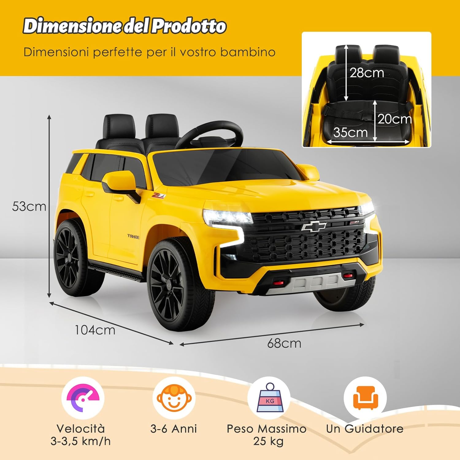 12V Macchina Elettrica per Bambini Chevrolet, SUV Elettrica con Telecomando Luci Luminose e Musica, 3-3,5 km/h, Ideale per Bambini di 3-6 Anni (Giallo)