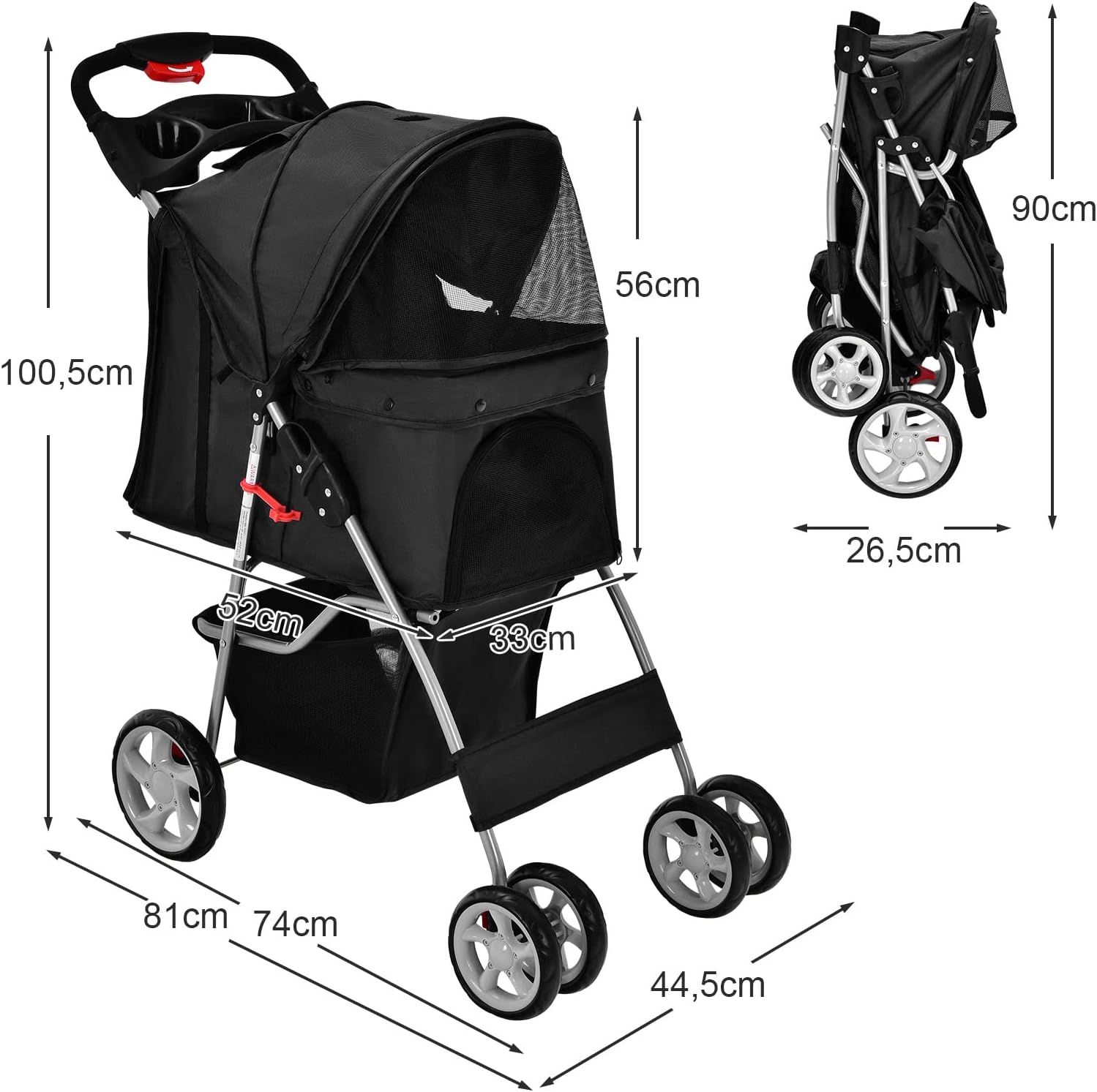 Passeggino per Cani Pieghevole, Carrozzina per Cani a 4 Ruote con Finestra a Rete Porta Bicchiere e Cesto, Passeggino Portatile per Animali Piccola e Media (Nero)