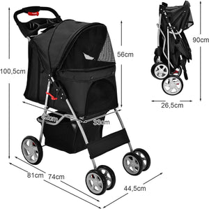 Passeggino per Cani Pieghevole, Carrozzina per Cani a 4 Ruote con Finestra a Rete Porta Bicchiere e Cesto, Passeggino Portatile per Animali Piccola e Media (Nero)