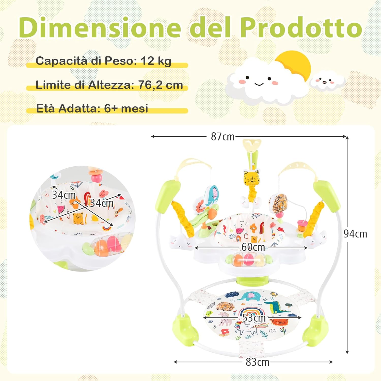 Jumperoo per Bambini, Centro attività Saltella con Altezza Regolabile, Gioco Saltellante con Sedile Girevole a 360°, Saltarello per Neonati con Luci e Suoni per Bambini 6+ Mesi (Giallo)