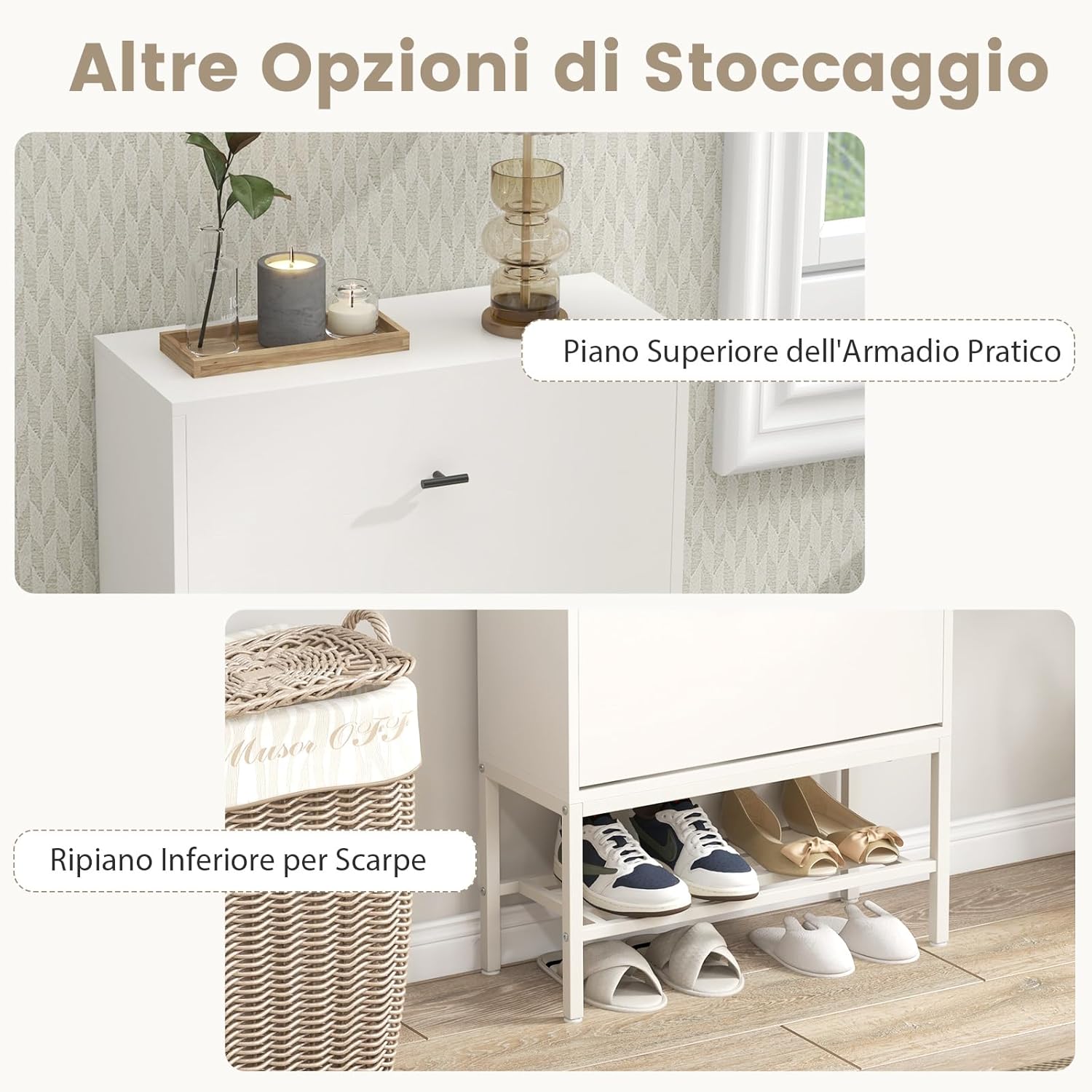 Armadio per Scarpe con 2 Cassetti a Ribalta, Scarpiera Nascosto con Ripiani Regolabili e Rimovibili, Ripiano in Metallo e Dispositivo Antiribaltamento, 60x24x106 cm (Bianco)