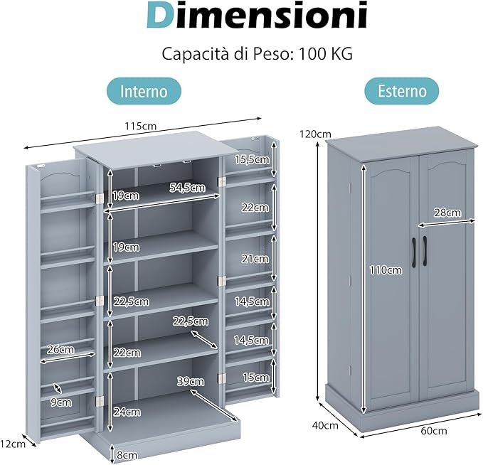Credenza da Cucina, Mobile da Cucina Moderno con 6 Ripiani Regolabili, per Cucina, Sala da Pranzo e Soggiorno, 60 x 40 x 120 cm (Grigio)