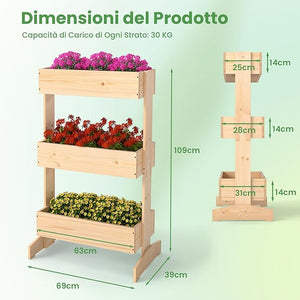 Letto da Giardino Rialzato a 3 Livelli, Fioriere in Legno da Interno e Esterno per Fiori, Verdure ed Erbe, Supporto per Vasi da Fiori Autoportante per Patio, Balcone e Giardino