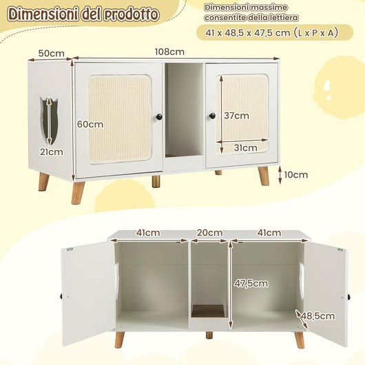 Lettiera Chiusa per Gatti 108 x 50 x 60 cm, Mobile per Lettiera Nascosta per Gatti con 2 Tappetini in Sisal e Ingresso a Forma di Testa di Gatto, Casetta per Animali Domestici (Bianco)