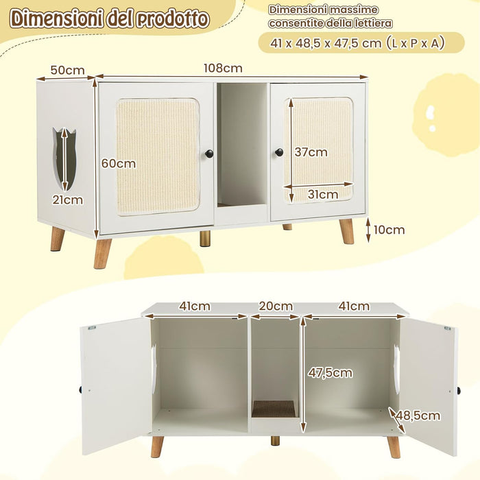 Lettiera Chiusa per Gatti 108 x 50 x 60 cm, Mobile per Lettiera Nascosta per Gatti con 2 Tappetini in Sisal e Ingresso a Forma di Testa di Gatto, Casetta per Animali Domestici (Bianco)