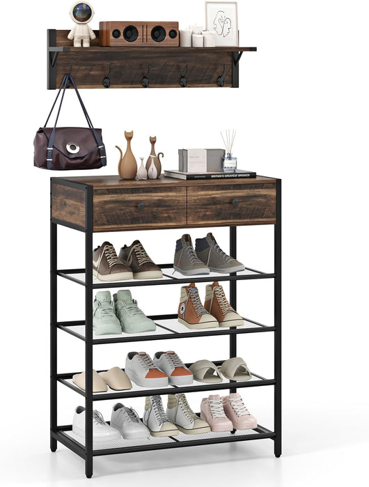 Set Appendiabiti con Scarpiera, Scarpiera a 5 Ripiani con Appendiabiti da Muro, Organizzatore per Scarpe con Ganci Cassetti e Mensole, per Ingresso Camera da Letto