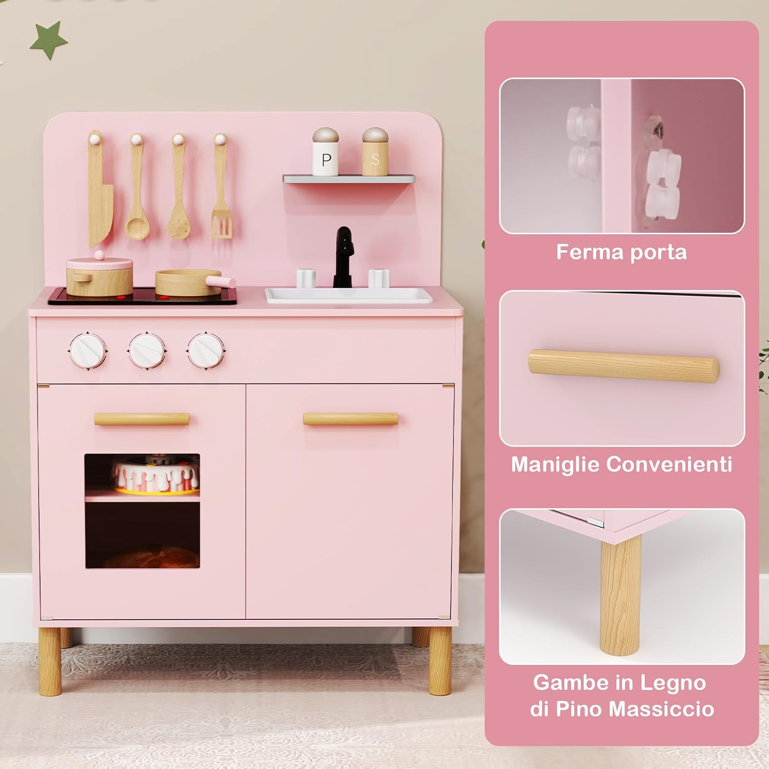 Cucina Giocattolo con Fornelli a Suoni e Luci Reali, Cucina per Bambini in Legno con Lavandelo Estrabile, Rubinetto e Forno, Set Cucina con 11 Accessori, 55 x 31 x 75 cm (Rosa)