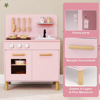 Cucina Giocattolo con Fornelli a Suoni e Luci Reali, Cucina per Bambini in Legno con Lavandelo Estrabile, Rubinetto e Forno, Set Cucina con 11 Accessori, 55 x 31 x 75 cm (Rosa)