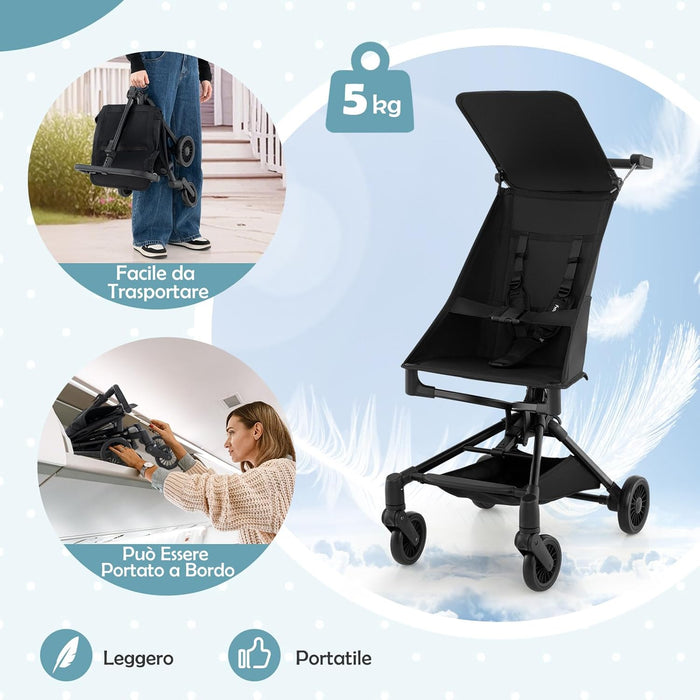 Passeggino Leggero per Bambini, Passeggino Compatto con Tettuccio Regolabile, Cestino di Stoccaggio e Ruote, Passeggino Pieghevole per Bambini 6+ Mesi