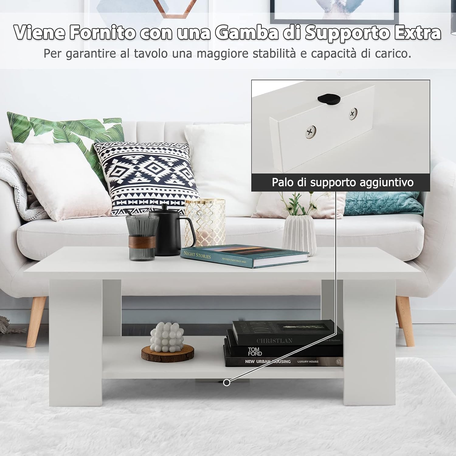 Tavolino da Salotto in Legno, Tavolino Basso Modero in Legno a 2 Livelli con Ripiano Aperto, Tavolo Rettangolare per Soggiorno, Studio e Sala di Ricevimento, 90 x 52 x 32 cm, Bianco