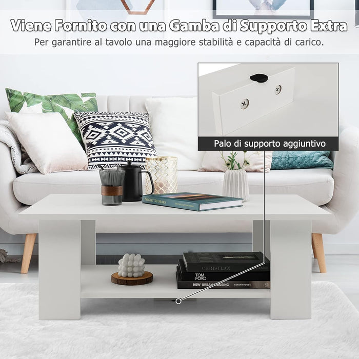 Tavolino da Salotto in Legno, Tavolino Basso Modero in Legno a 2 Livelli con Ripiano Aperto, Tavolo Rettangolare per Soggiorno, Studio e Sala di Ricevimento, 90 x 52 x 32 cm, Bianco