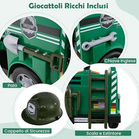 Macchina Elettrico per Bambini 12V, Auto Cavalcabile con Pala, Estintore, Scala, Casco di Sicurezza, 4 Ruote, Sirena e Clacson, Camion Realistico dei Pompieri per Bambini 3-8 Anni (Verde)