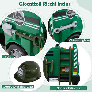 Macchina Elettrico per Bambini 12V, Auto Cavalcabile con Pala, Estintore, Scala, Casco di Sicurezza, 4 Ruote, Sirena e Clacson, Camion Realistico dei Pompieri per Bambini 3-8 Anni (Verde)