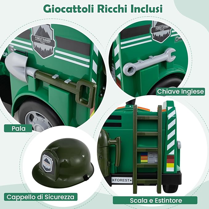 Macchina Elettrico per Bambini 12V, Auto Cavalcabile con Pala, Estintore, Scala, Casco di Sicurezza, 4 Ruote, Sirena e Clacson, Camion Realistico dei Pompieri per Bambini 3-8 Anni (Verde)