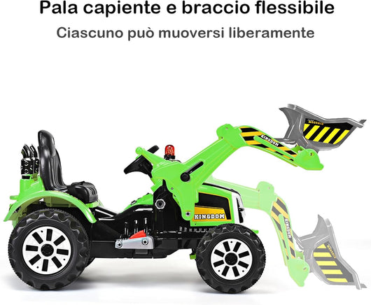 12V Veicolo di Ingegneria per Bambini, Macchina Giocattolo Grande, Escavatore Alimentato con 2 Velocità per Bambini 3-8 Anni, 149x62x74 cm (Verde)