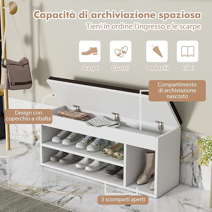 Scarpiera Panca con Cuscino, Scarpiera da Ingresso Salvaspazio, Panca Contenitore per Ingresso Corridoio, 104x30x48 cm, Carico 150 kg (Bianco)