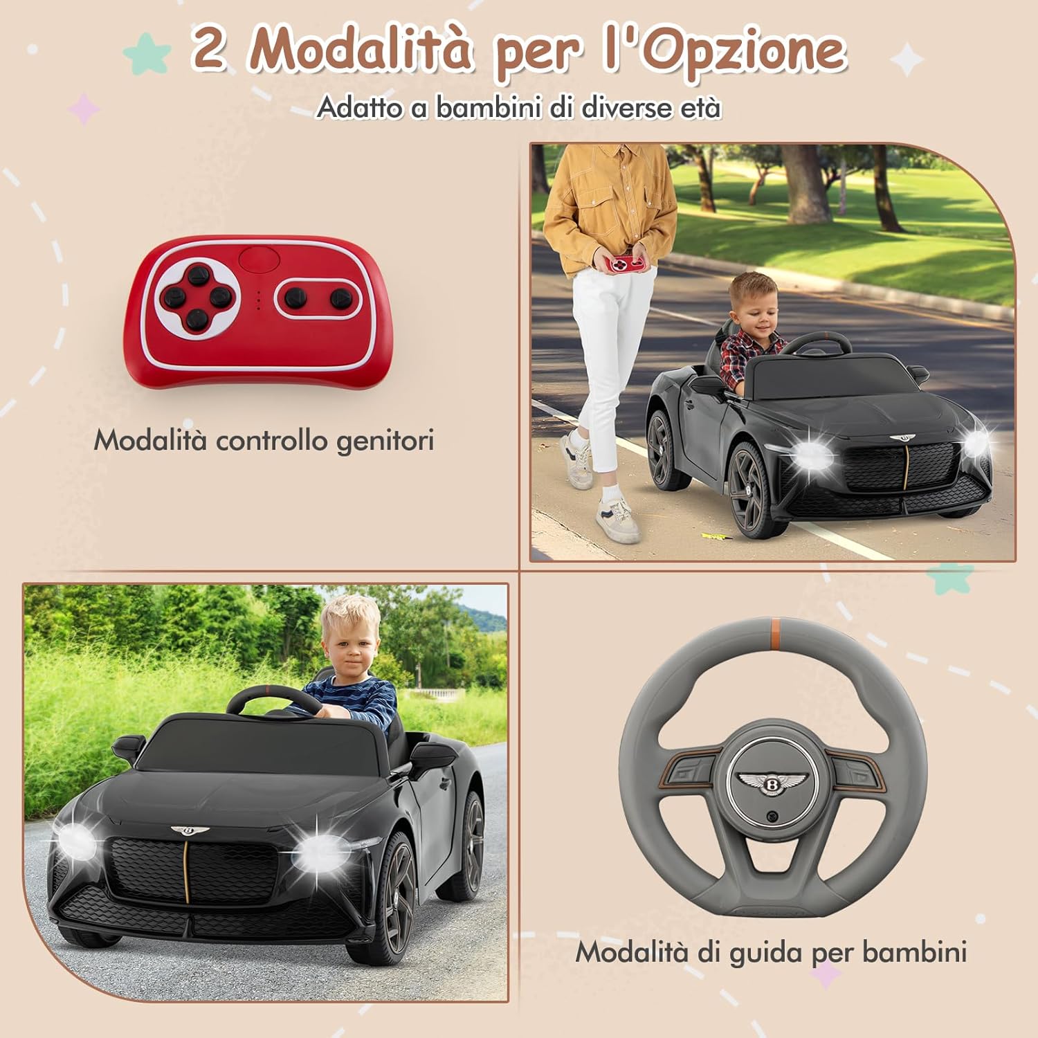 Bentley 12V Macchina Elettrica per Bambini, Auto Elettrica con Telecomando Luci a LED, Velocità Regolabile 3-5 km/h, Veicolo Elettrico per Bambini 37-96 Mesi (Nero)