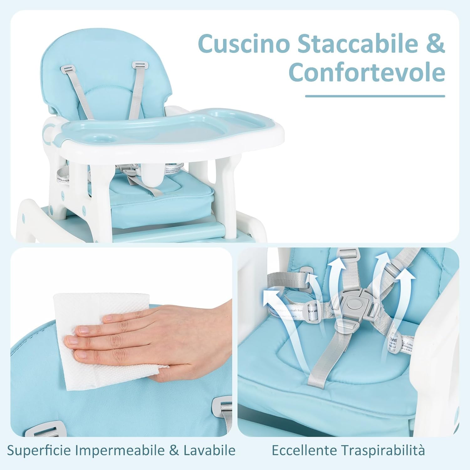 Seggiolone Pappa per Bambini 3 in 1, Seggiolone per Neonati con Vassoio Rimovibile, Cuscino per Seduta, Schienale Regolabile, per 6-36 Mesi, Capacità di Carico 20 kg (Blu)