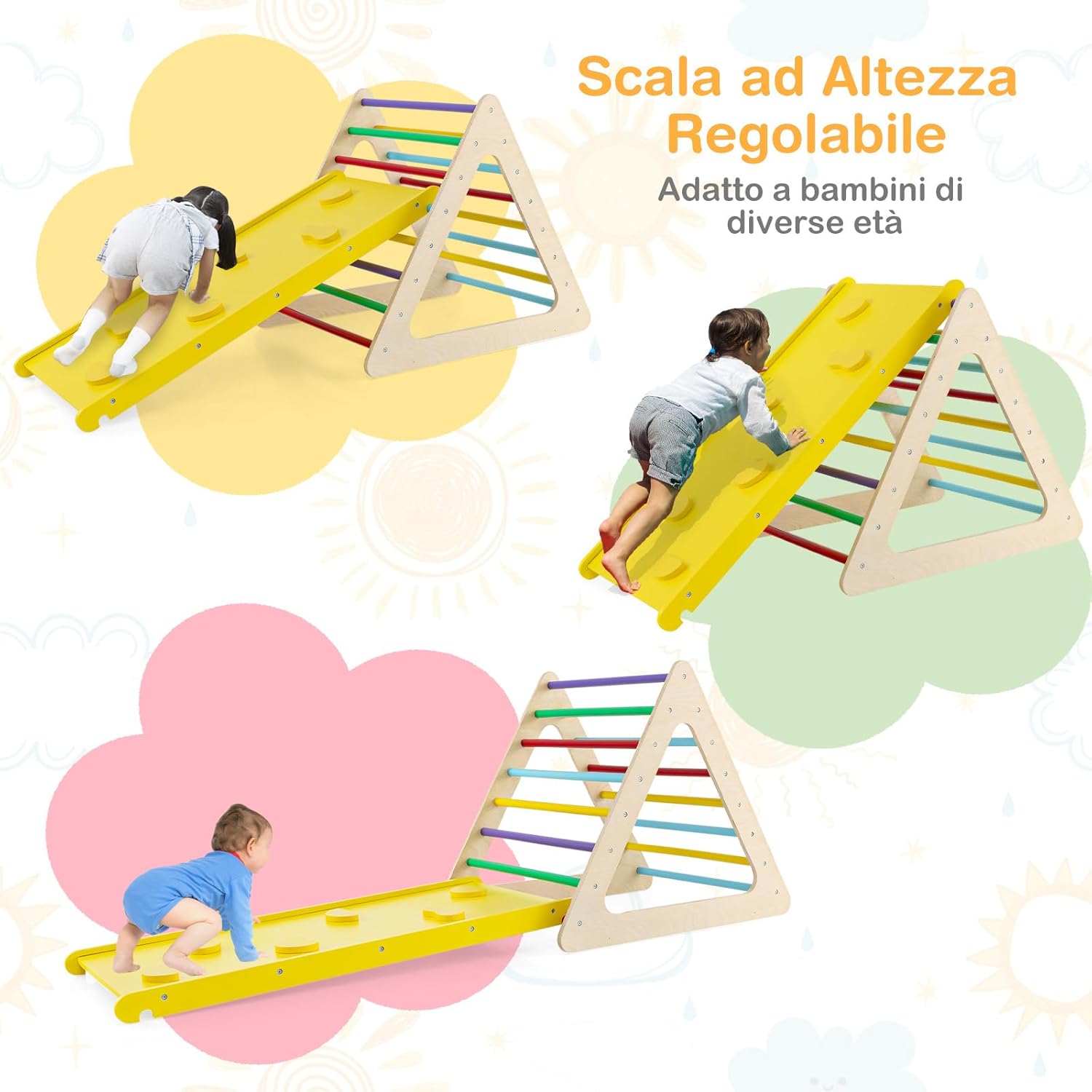 Set da Arrampicata 3 in 1 per Bambini, 3 Pezzi con 2 Scale Triangolari e 1 Rampa, per Scivolare e Arrampicarsi, Scala Giochi Arrampicata per Bambini 3+ Anni (Colorato)
