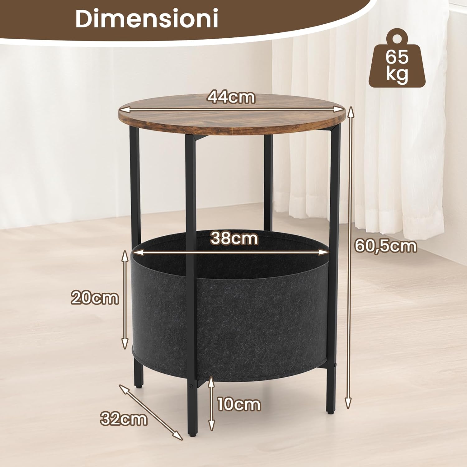 Tavolino Rotondo per Piccoli Spazi, Tavolino a 2 Ripiani con Cestino in Tessuto Rimovibile e Struttura in Metallo, Tavolino da Salotto, Camera da Letto e Studio (Marrone)