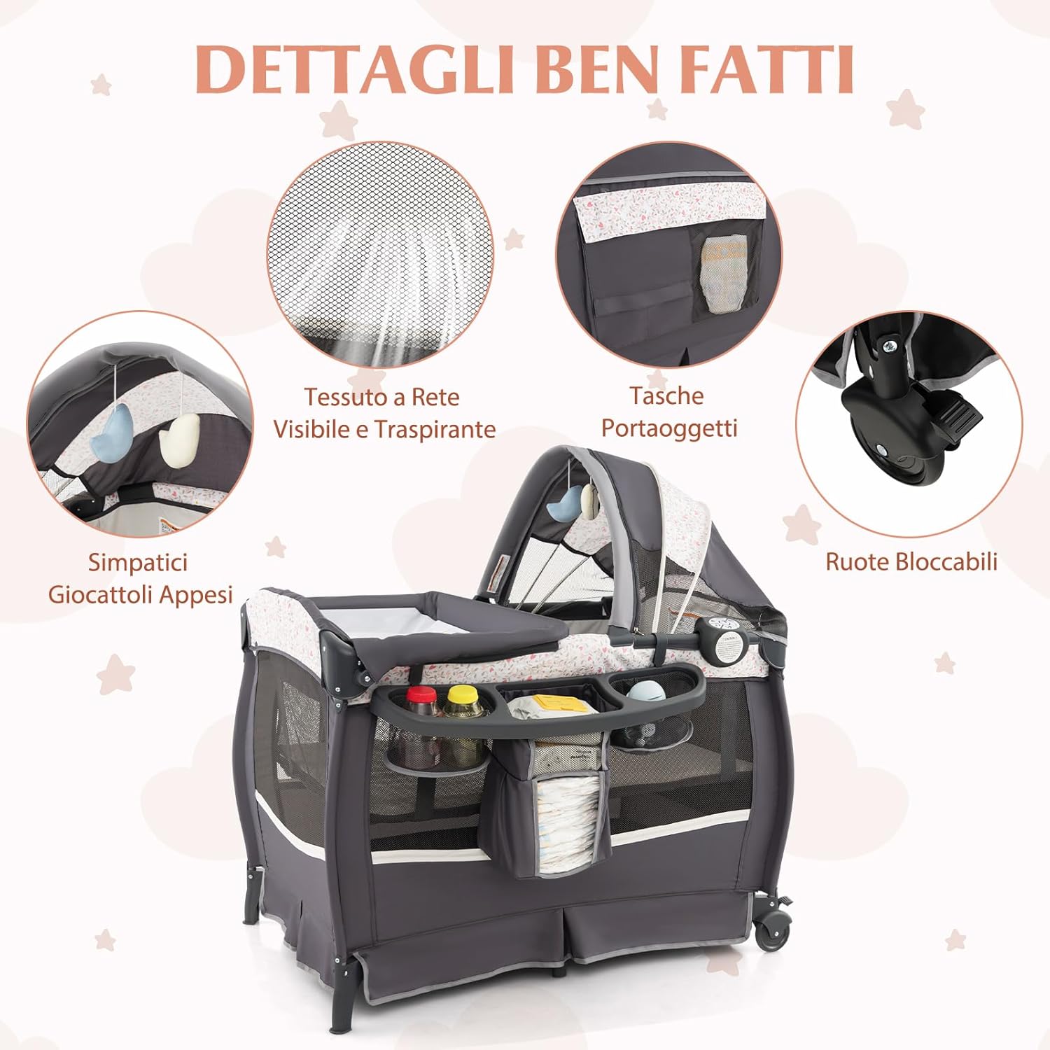 4 in 1 Lettino da Campeggio con Fasciatoio, Lettino Pieghevole per Bambini con Materasso, Centro Neonati con Culla, Box Musicale, Cappottina Regolabile, Borsa da Viaggio (Fiore Piccolo)