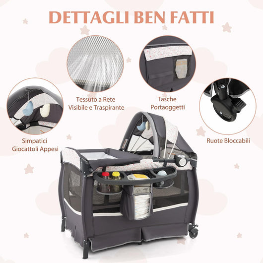 4 in 1 Lettino da Campeggio con Fasciatoio, Lettino Pieghevole per Bambini con Materasso, Centro Neonati con Culla, Box Musicale, Cappottina Regolabile, Borsa da Viaggio (Fiore Piccolo)