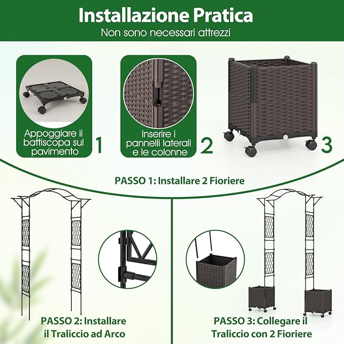 Arco da Giardino con 2 Fioriere Auto-irriganti e Ruote, Supporto per Piante in Metallo Rivestita PE Antiruggine, Grande Arco per Viti e Rose da Matrimonio all'Aperto (Nero)