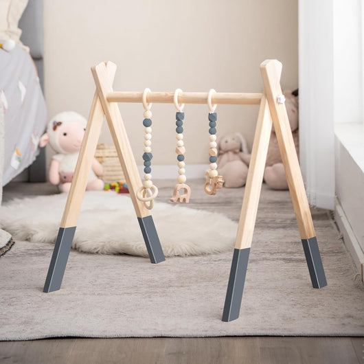 Palestrina per Bambini, Palestrina con Giocattoli per Dentizione Sviluppo Cerebrale Stimolazione Sensoriale, Pieghevole, in Legno, per Bambini 3+ Mesi (Grigio)