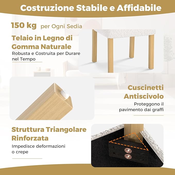 Set di 2 Sedie da Pranzo, Sedie con Schienale Cilindrico, Rivestimento e Struttura in Legno di Gomma per Cucina, Sala da Pranzo e Bar