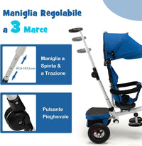 Triciclo per Bambini, Triciclo Pieghevole con Sedile Reversibile, Cappottina e Maniglia Regolabile, Ringhiera Rimovibile, Poggiapiedi Pieghevole, Passeggino Multifunzionale per 1-5 Anni(Blu)