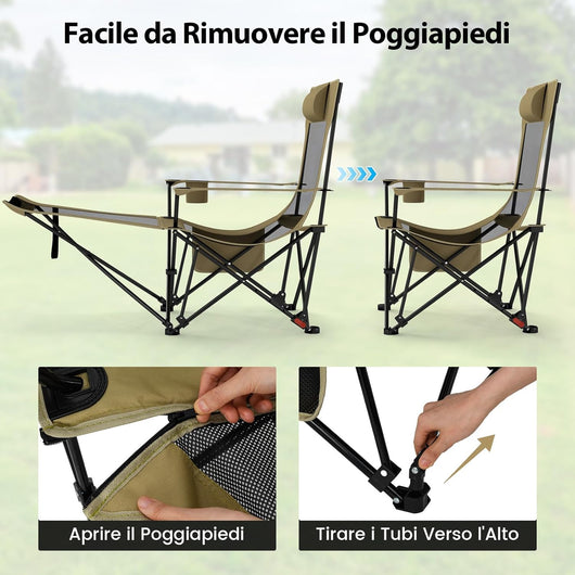 Sedia da Campeggio con Poggiapiedi Rimovibile, Sedia Pieghevole con Schinale Reclinabile, Braccioli e Portabicchieri, Portata 150 kg, Sdraio in Testtuto Oxford per Giardino e Spiaggia (Verde)