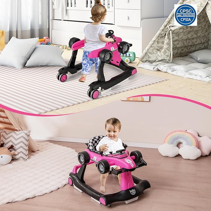 Girello per Bambini 4 in 1, Girello Pieghevole con Altezza e Velocità Regolabili, Carillon con Luci, Volante e Sedile, Primi Passi per Bambini 6-18 Mesi, Portata 15 kg (Rosa Scruro)