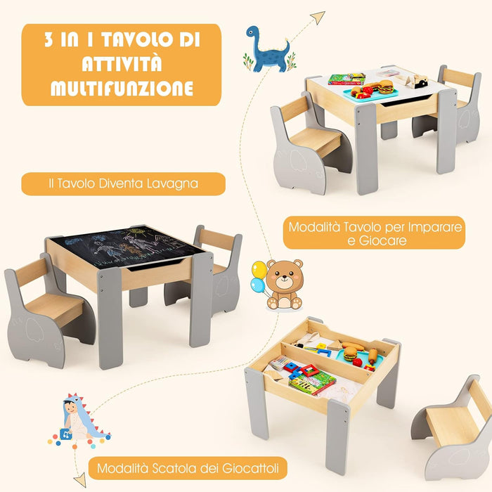 Set Tavolo e Sedie per Bambini, Set di Tavolo da Attività per Bambini con 2 Sedie, Lavagna Rimovibile e Deposito, per Giocare, Disegnare e Leggere (grigio)