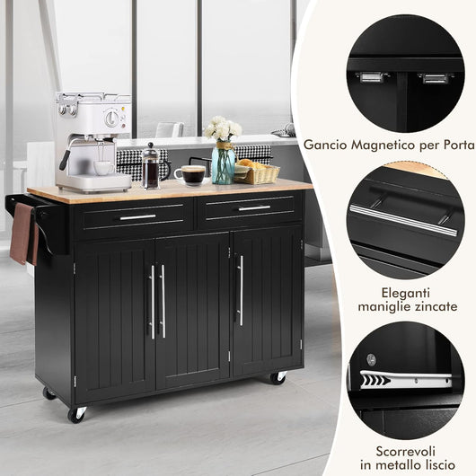 Carrello da Cucina, Carrello di Servizio con Ruote e Maniglia, 3 Ante e 2 Cassetti, Ideale per Cucina Ristorante Bar, 122x46x92,3 cm (Nero)