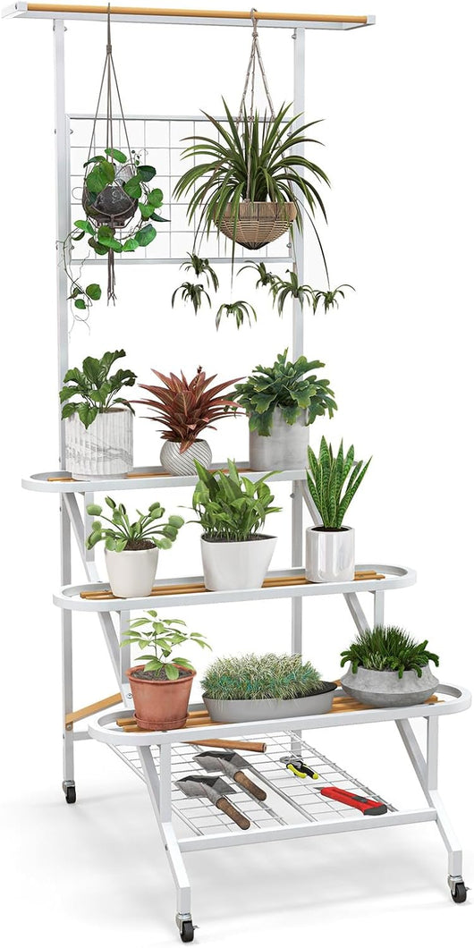 Scaffale per Piante da Interno ed Esterno, Porta Piante a 4 Livelli con Ruote, Barra e Traliccio, Portafiori da Soggiorno, Balcone, Giardino e Terrazzo, 80 x 85 x 175 cm