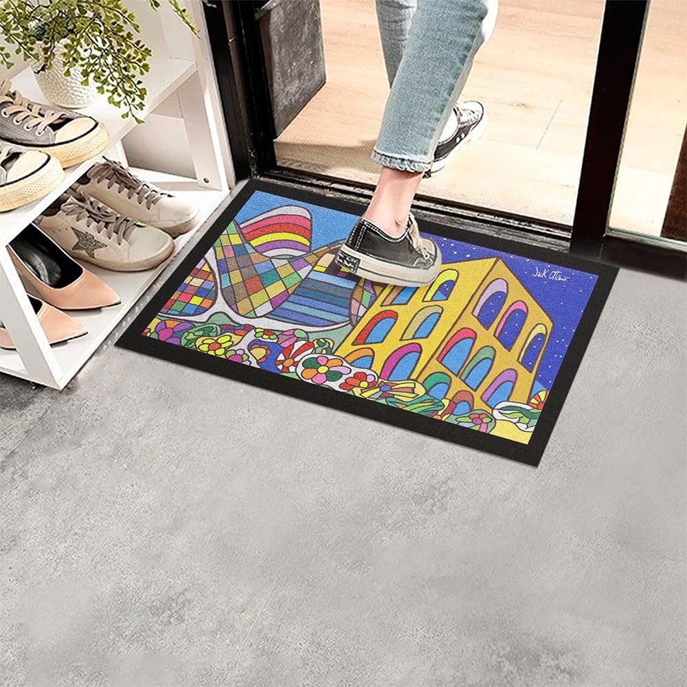 Zerbino Gomma Dipinto Artistico Jack Ottanio Pop Art 40x70 cm Antiscivolo Pop Buildings (C)