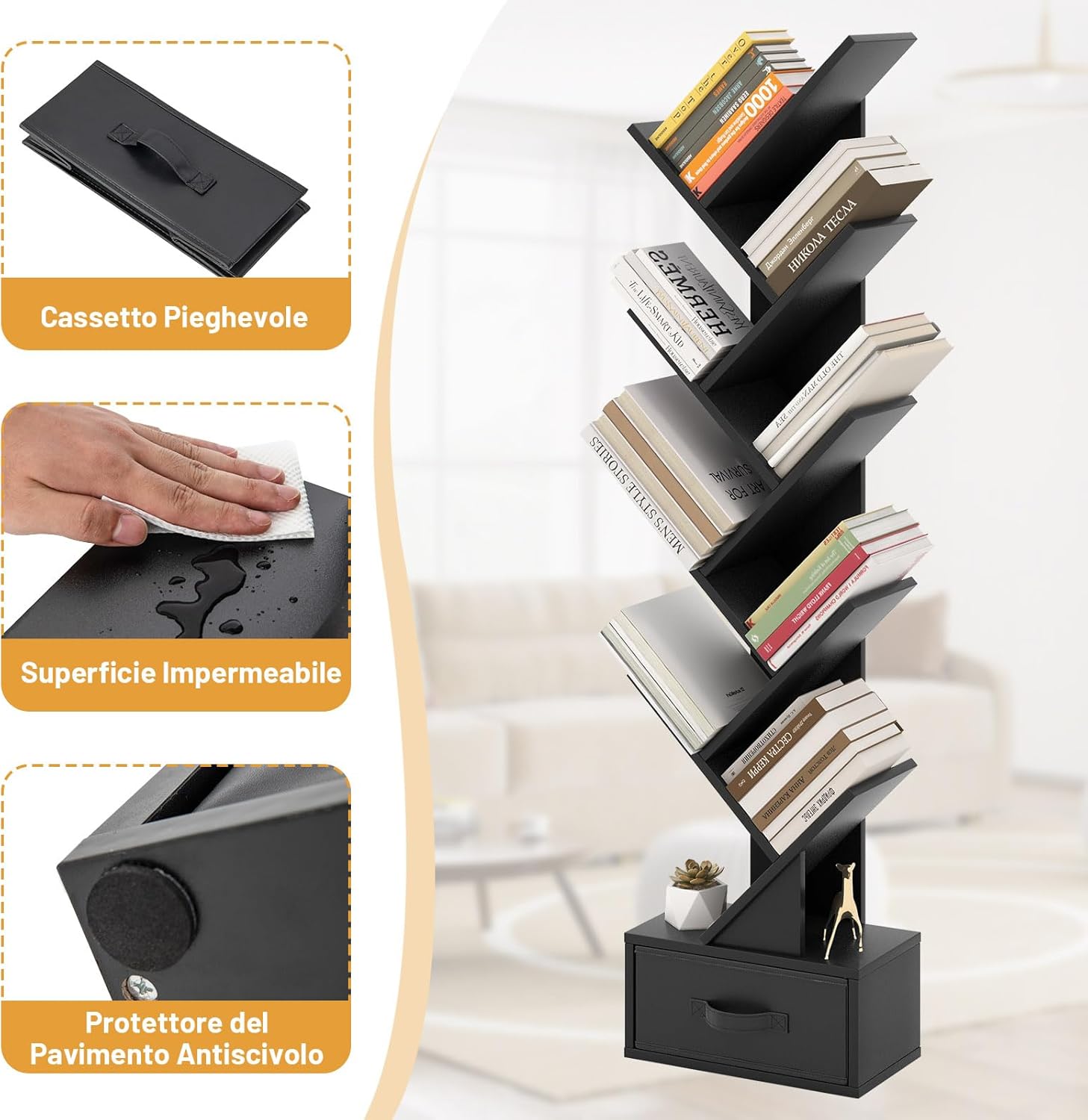 Libreria ad Albero in Legno, Scaffale a 10 Ripiani con Cassetto, Portaoggetti Autoportante per Soggiorno, Studio e Ufficio, 38 x 21,5 x 149,5 cm (Nero)