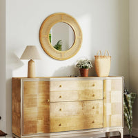 Specchio da parete in rattan con cornice in legno, Specchio decorativo rotondo bohemien da parete 65 x 65 cm-Specchi da parete
