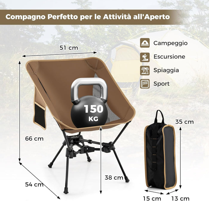 Sedia da Campeggio Portatile, Sedia Ergonomica Pieghevole da Zaino con Borsa da Trasporto, Poltrona da Esterno per Escursionismo, Spiaggia e Picnic, Portata 150 kg