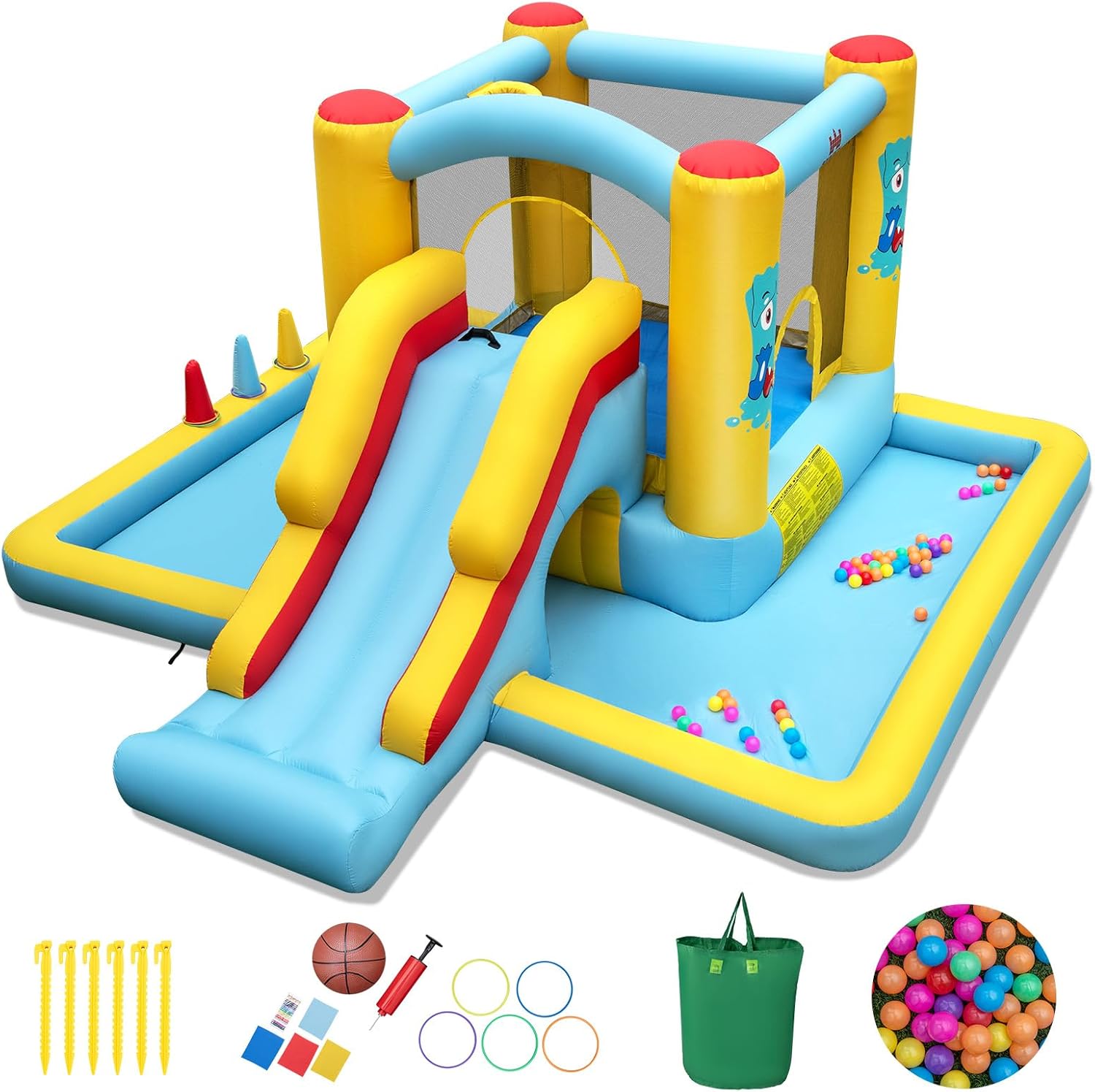 Castello Gonfiabile 7 in 1 per Bambini con Scivolo, Castello Gonfiabile con Mongolfiera, 50 Palline, Anelli e Basket, Gioco Gonfiabile da Interno ed Esterno, per Bambini da 3 a 10 Anni