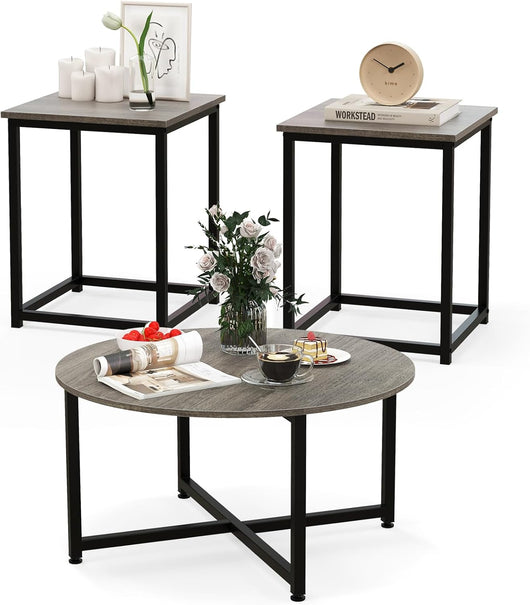 Set di Tavolini da Caffè 3 Pezzi, Tavolino Rotondo e 2 Tavolini Quadrati con Struttura Metallica Robusta, Set di Tavoli da Salotto Moderni 3 Pezzi (Grigio)