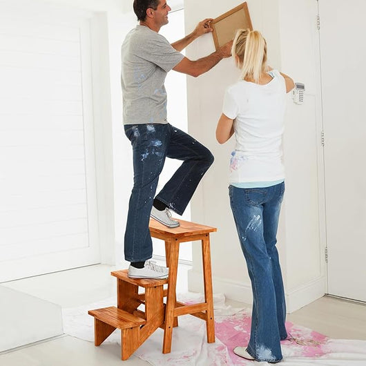 Scaletta Pieghevole, 3 in 1 Scaletta e Sgabello in Legno Multifunzione, 3 Gradini, Maniglia Comoda, Portatile e Leggera, Ideale per Studio, Soggiorno e Garage (Marrone)