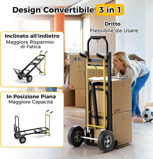3 in 1 Carrello a Mano, Carrello Portapacchi con 4 Ruote in Gomma, Carrello Pieghevole per Trasporto e Spostamento in Magazzino, Casa, Portata Massima 450 kg