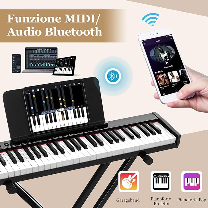 Tastiera Musicale 61 Tasti, Set Pianoforte Elettronico Portatile con Sgabello, Pianoforte Digitale Portatile con Supporto, Pedale Sustain, MIDI, USB e Funzione di APP Bluetooth