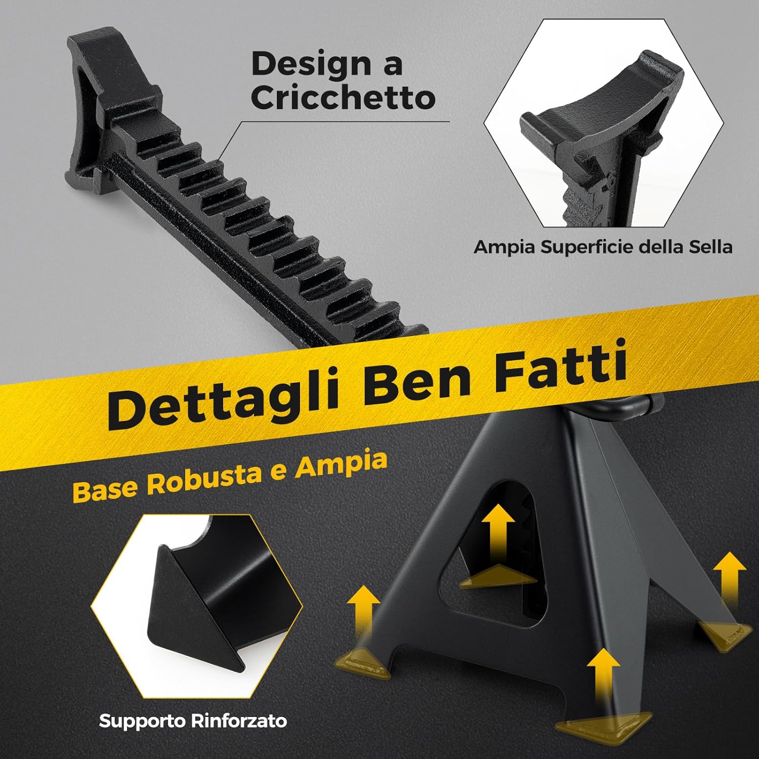 Coppia di Cavalletti per Auto con Portata di 6 Tonnellate, Cavalletti Auto Treppiedi a Cremagliera Altezza di Sollevamento 360-585 mm, Cavalletti Supporto Solleva Auto, Nero