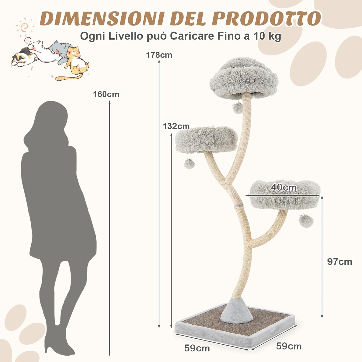 Albero per Gatti Alto 178 cm, Albero Tiragraffi per Gatti con Telaio di Supporto Curvo in Metallo, 3 Cucce Calde e Palline, Pali e Tavoletta Tiragraffi in Sisal, 59 x 59 x 178 cm (Grigio)