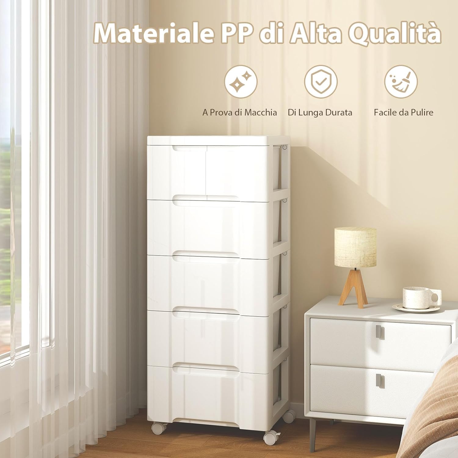 Carrello di Stoccaggio con Ruote, Cassettiera Verticale con Cassetti, Armadietto Contenitore di Stoccaggio, Organizzatore di Plastica per Casa Ufficio (5 cassetti)